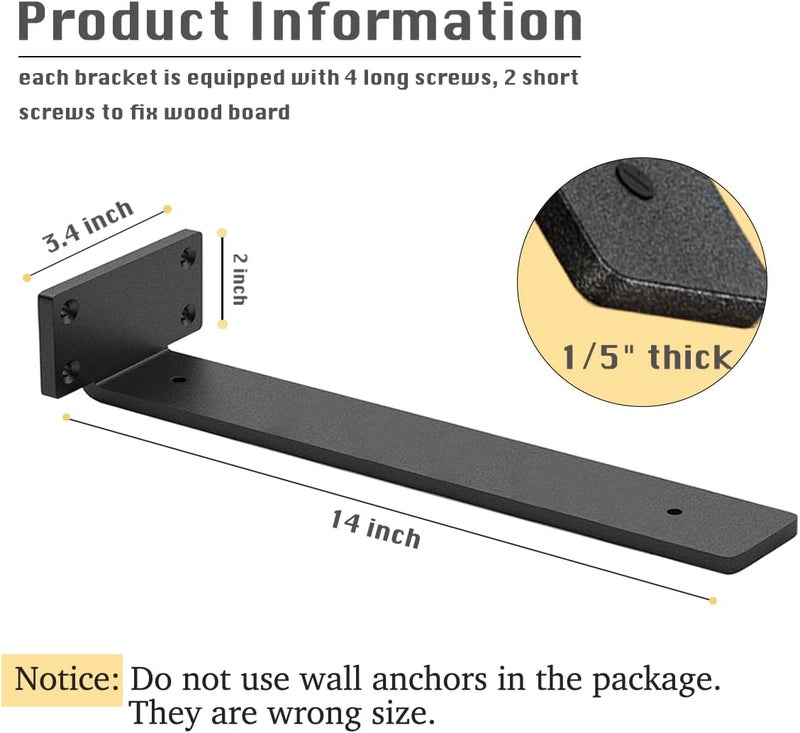 WINKER 4 Pack Shelf Brackets 14 Inch Floating Shelf Bracket 1/5 inch Thick Heavy Duty Hidden Shelf Brackets Iron Metal Brackets for Shelf Support with Screw Included - Image 2